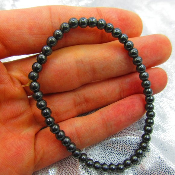 Hematite 4mm Round 7" Stretchy Gemstone Bracelet - Picture 1 of 3
